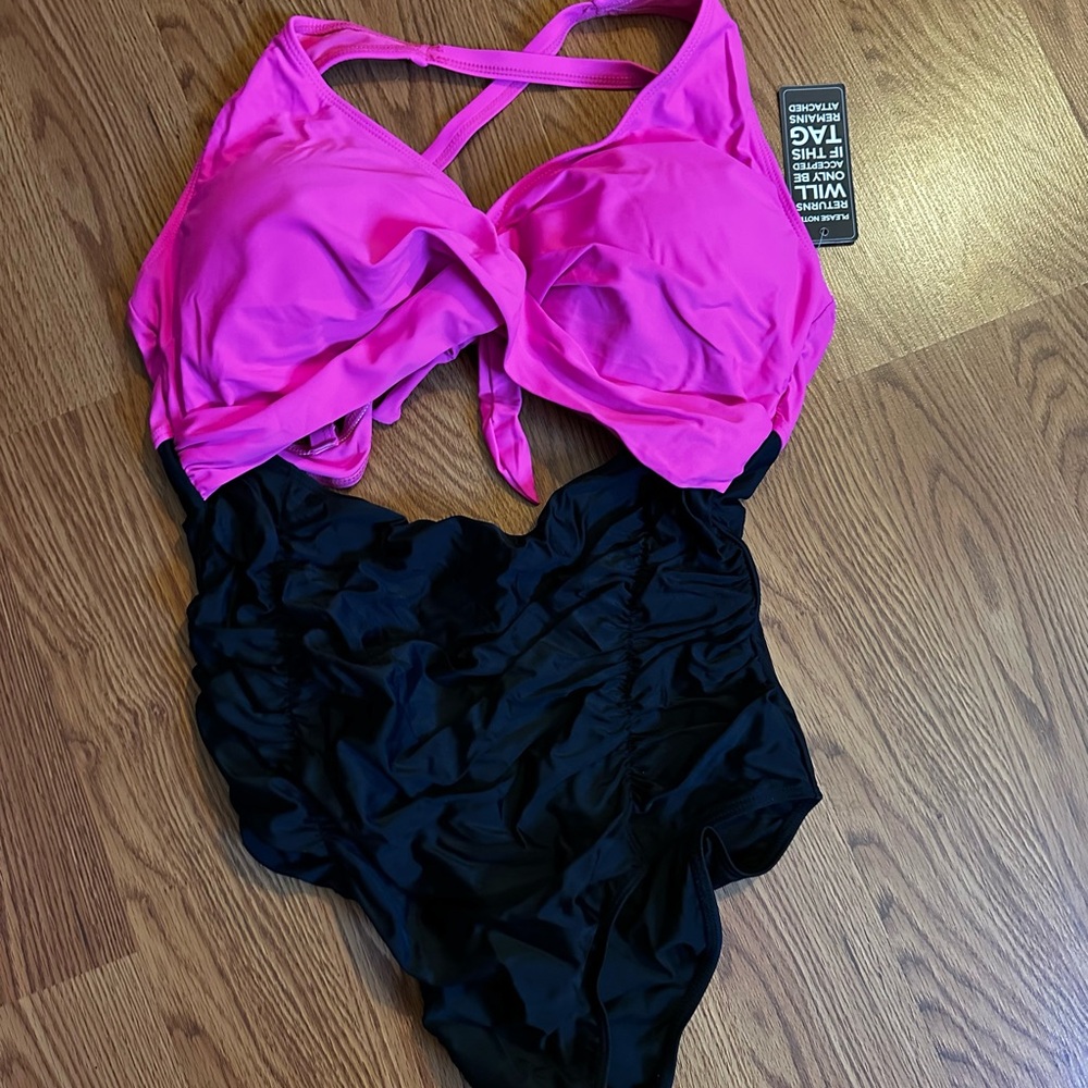 Pink and Black Women's One Piece Swimsuit